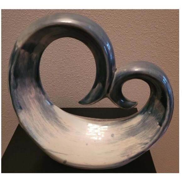 Vintage Ceramic Blue White Modern Abstract Wave Sphere Sculpture 11 inches tall - Picture 2 of 6